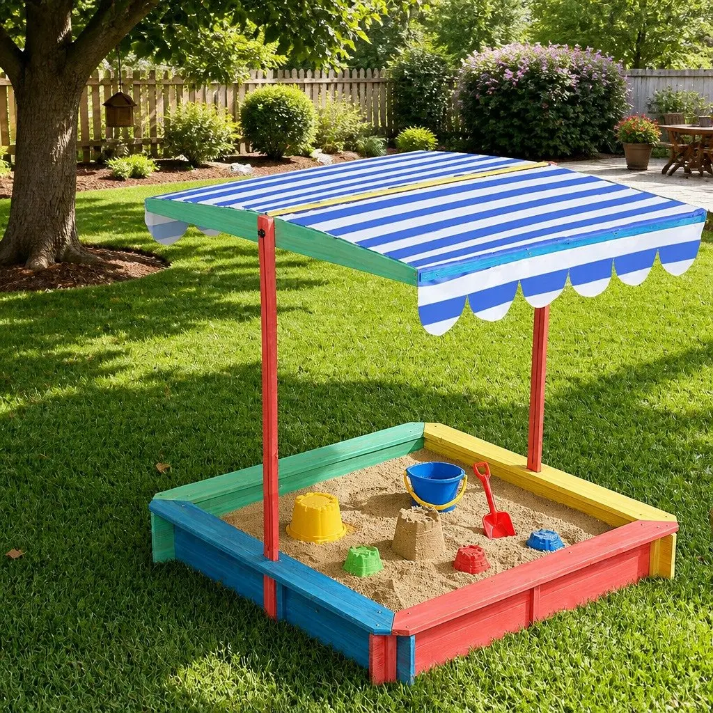 Kids Wooden Sandbox 120x120cm Outdoor Play Pit With UV Canopy Backyard Garden