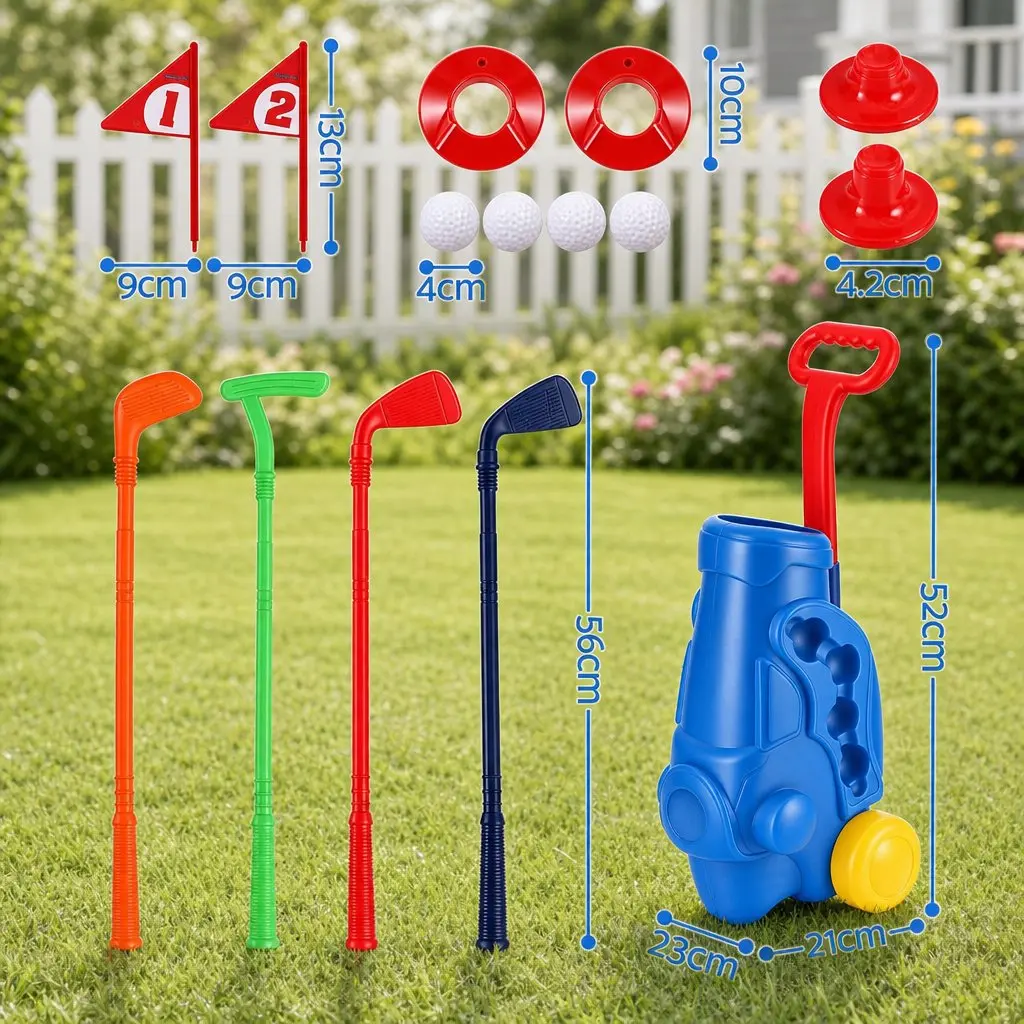 Kids Golf Set Pull Cart Clubs Balls Practice Holes Indoor Outdoor Backyard Play