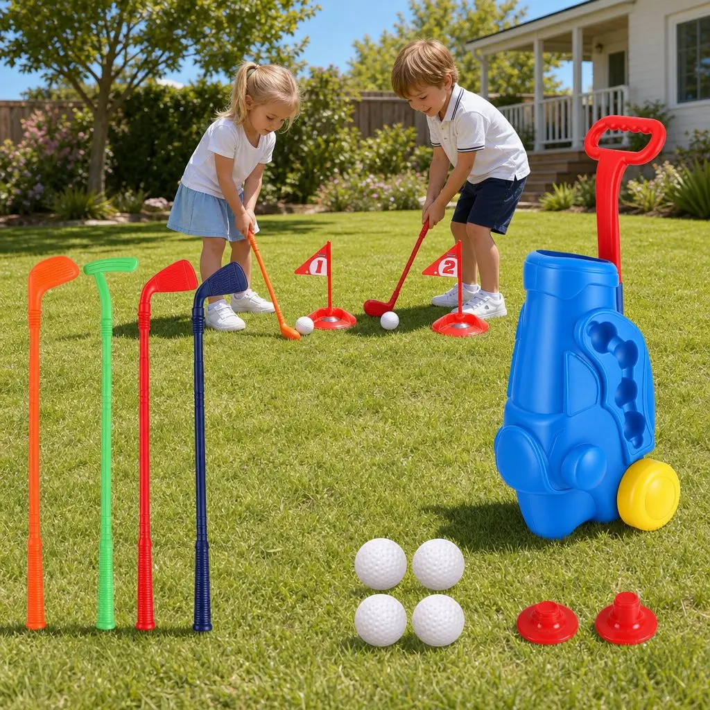 Kids Golf Set Pull Cart Clubs Balls Practice Holes Indoor Outdoor Backyard Play
