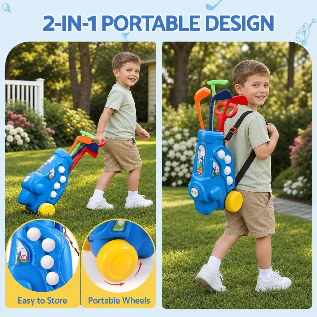 Kids Golf Set Pull Cart Clubs Balls Practice Holes Indoor Outdoor Backyard Play