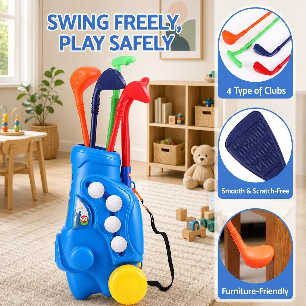 Kids Golf Set Pull Cart Clubs Balls Practice Holes Indoor Outdoor Backyard Play