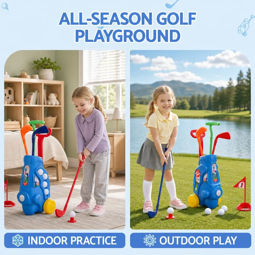 Kids Golf Set Pull Cart Clubs Balls Practice Holes Indoor Outdoor Backyard Play
