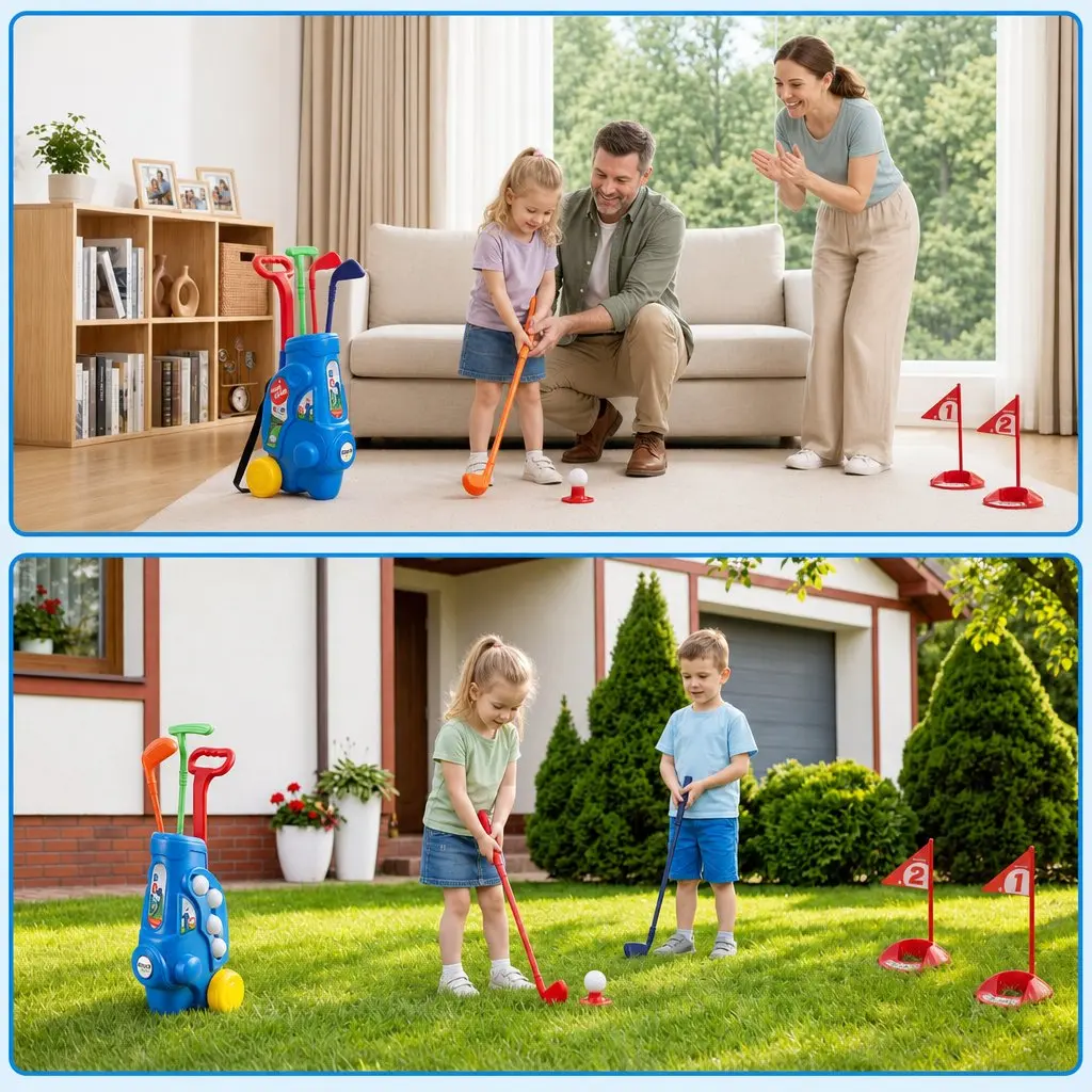 Kids Golf Set Pull Cart Clubs Balls Practice Holes Indoor Outdoor Backyard Play