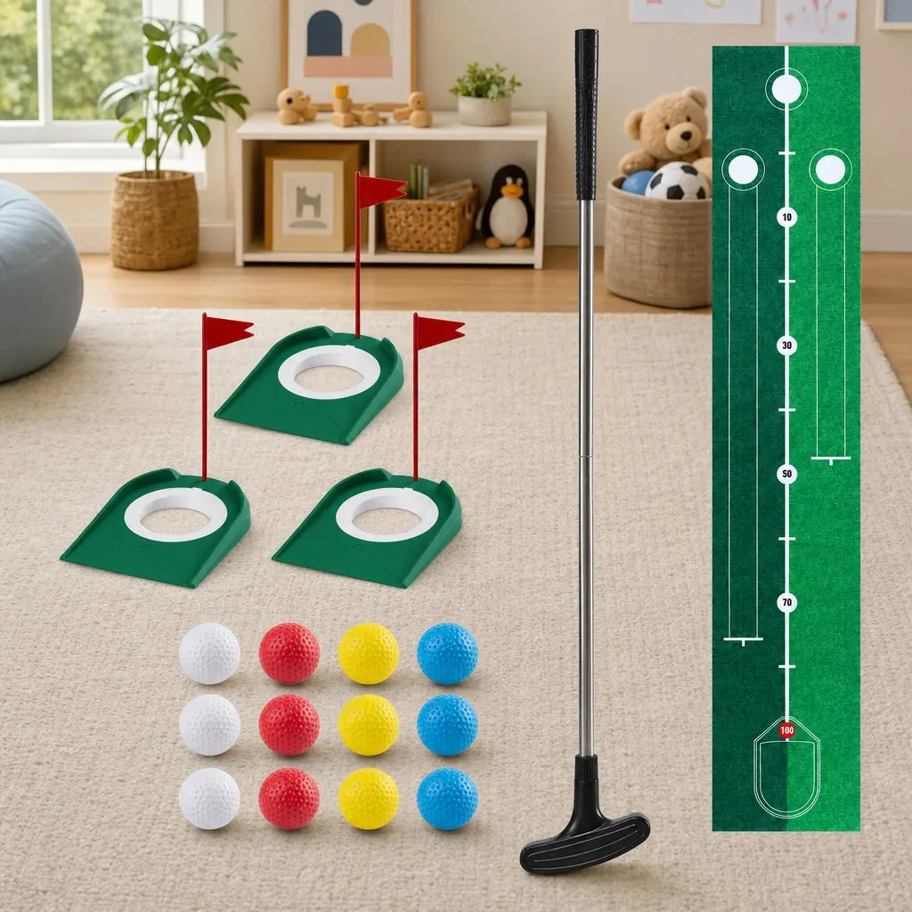 Kids Golf Putting Set Indoor Outdoor Use 2m Mat Club Balls Target Holes