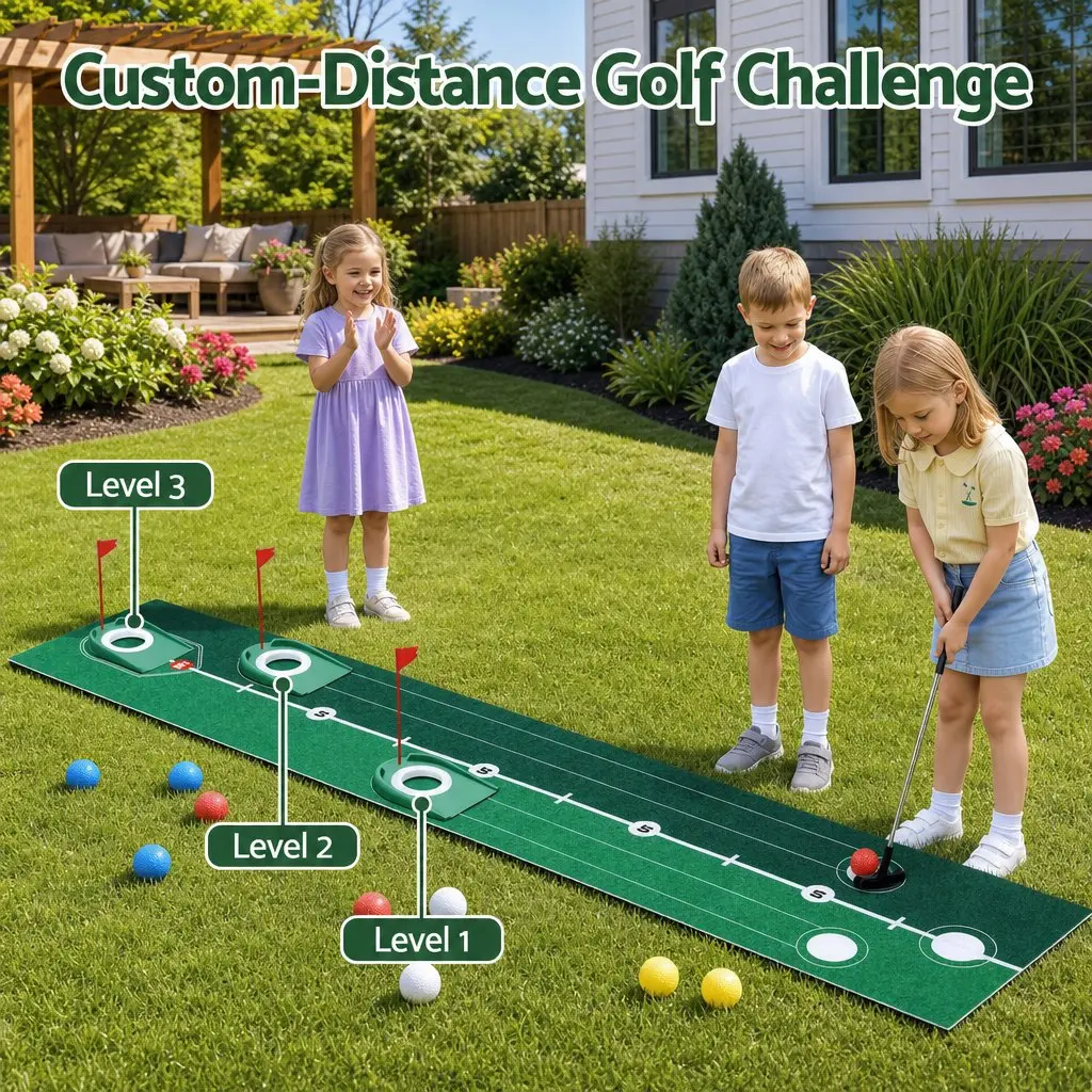 Kids Golf Putting Set Indoor Outdoor Use 2m Mat Club Balls Target Holes