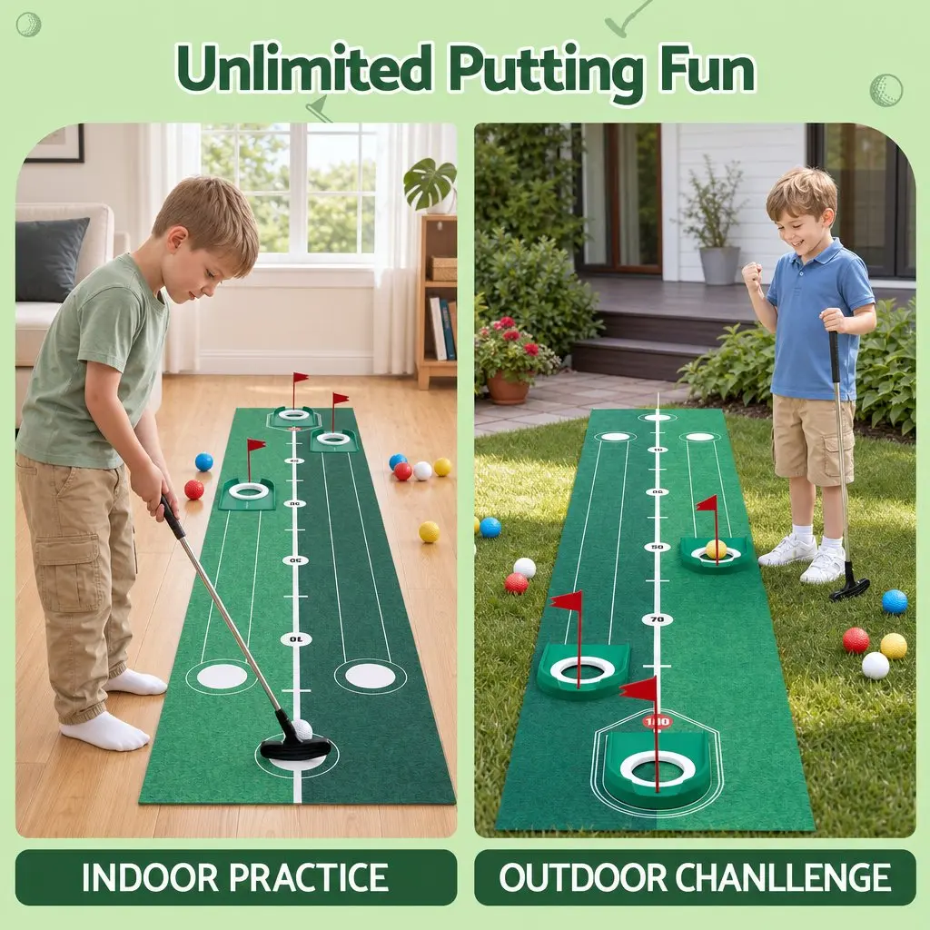 Kids Golf Putting Set Indoor Outdoor Use 2m Mat Club Balls Target Holes