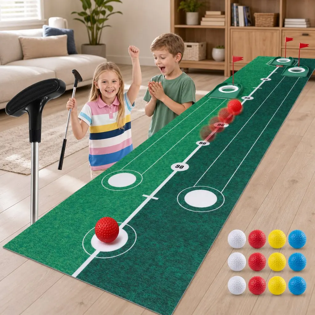 Kids Golf Putting Set Indoor Outdoor Use 2m Mat Club Balls Target Holes