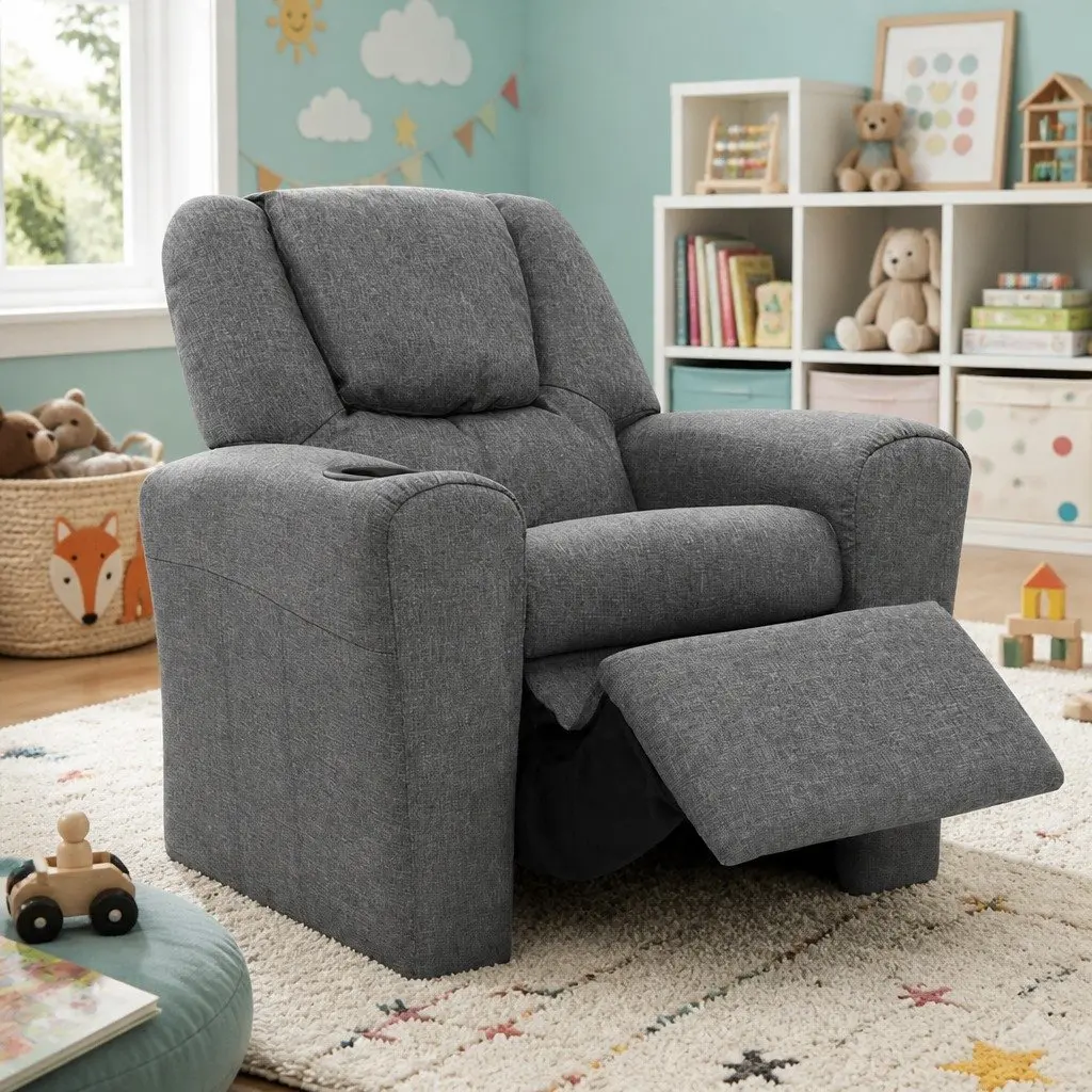 Kids Recliner Chair Grey Linen Armchair Lounge Sofa Couch 65 x 42 x 61cm