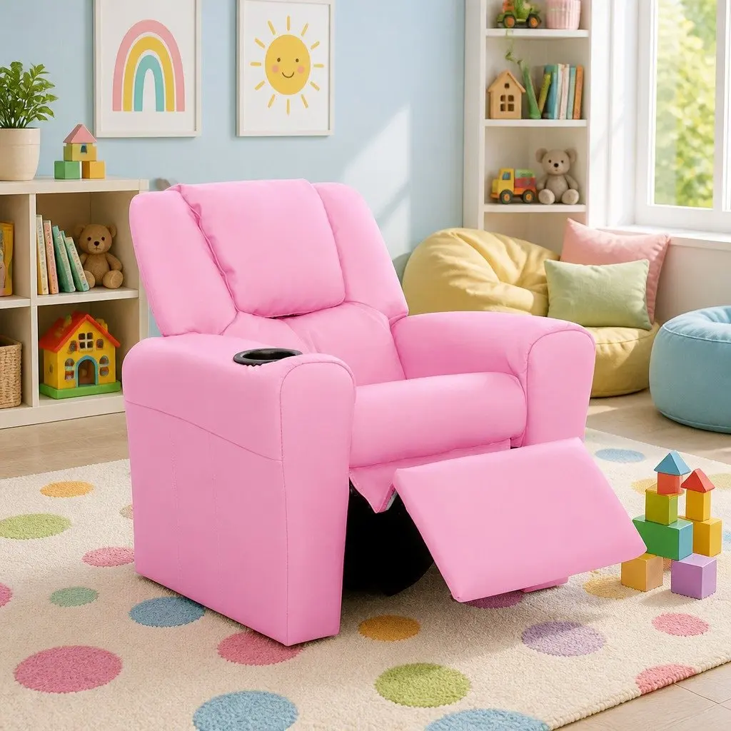 Kids Recliner Chair Pink PU Leather Sofa Lounge Couch 65 x 42 x 61cm