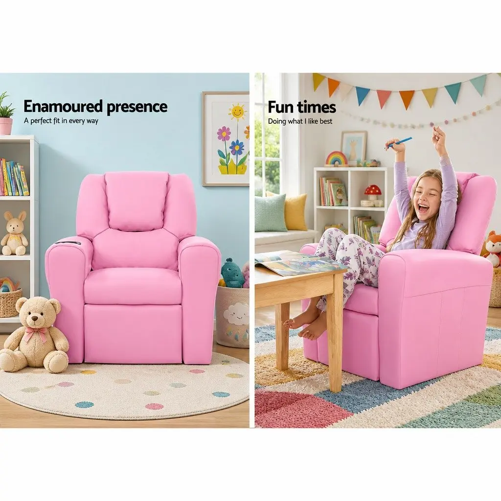 Kids Recliner Chair Pink PU Leather Sofa Lounge Couch 65 x 42 x 61cm