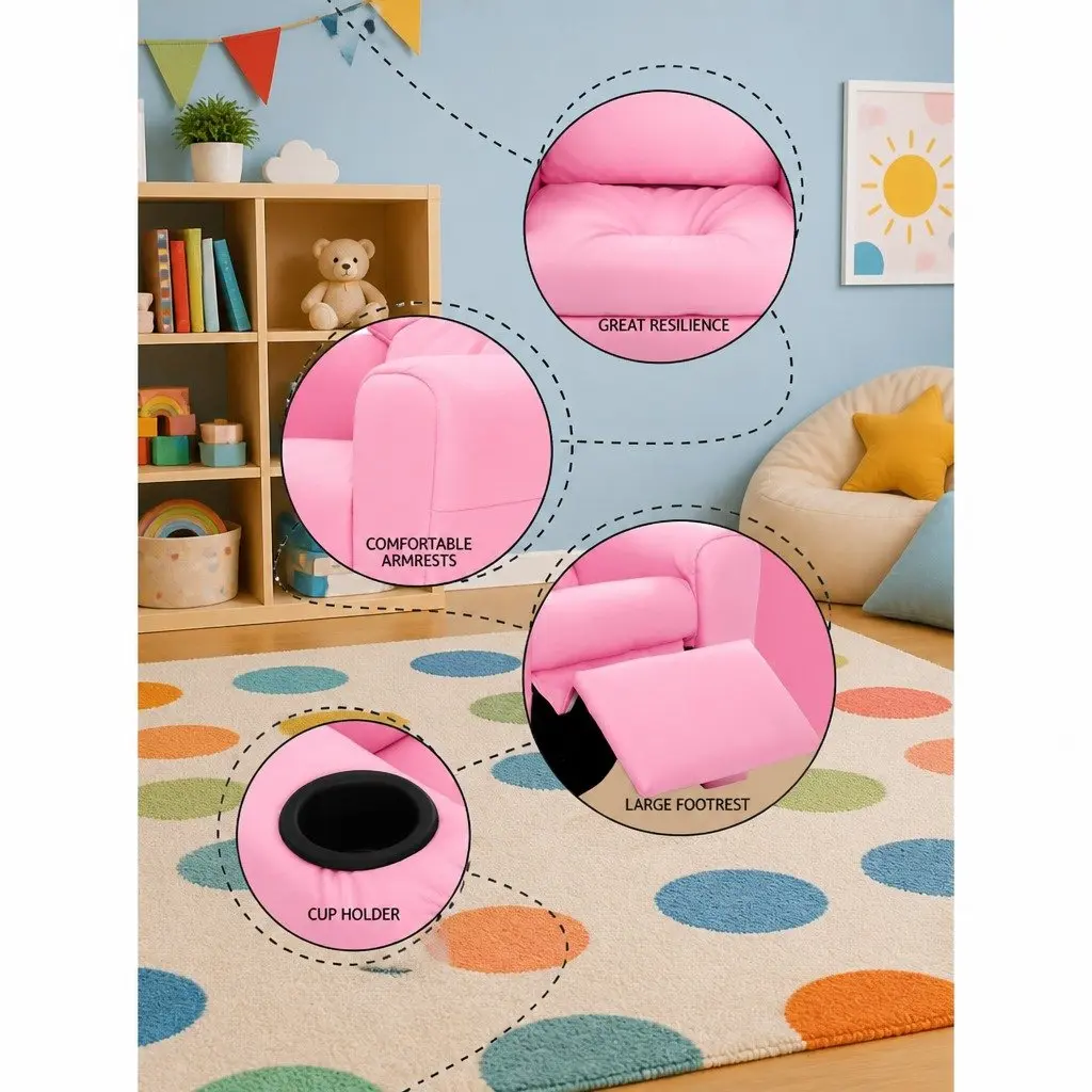 Kids Recliner Chair Pink PU Leather Sofa Lounge Couch 65 x 42 x 61cm