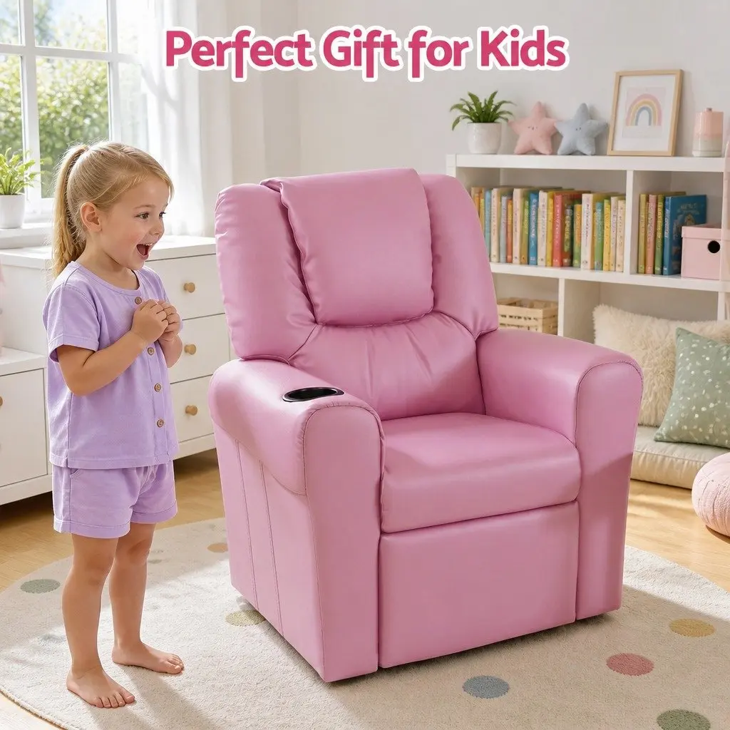 Kids Recliner Chair Pink PU Leather Sofa Lounge Couch 65 x 42 x 61cm