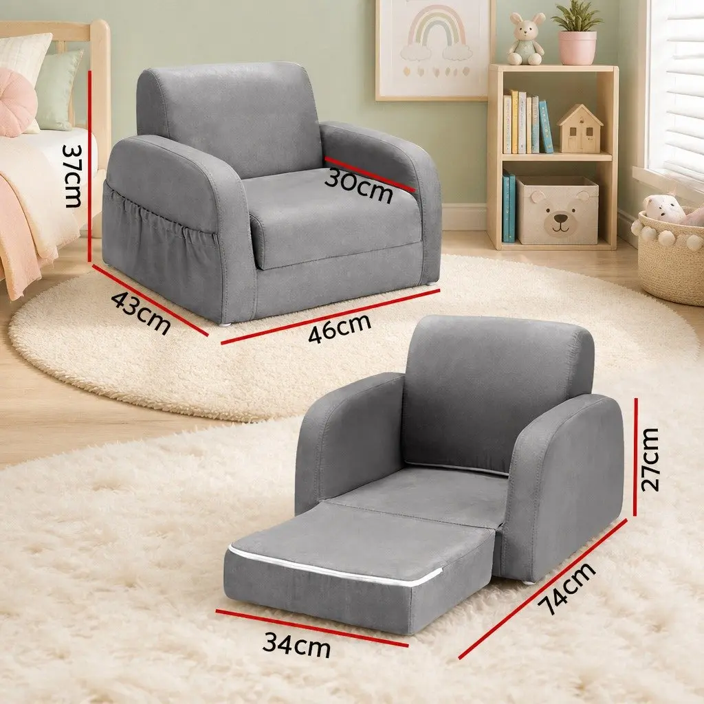 Kids Flip Open Sofa 1 Seater Lounger Armchair Grey Childrens Furniture for Relaxation and Play