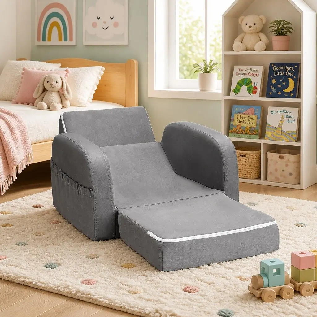 Kids Flip Open Sofa 1 Seater Lounger Armchair Grey Childrens Furniture for Relaxation and Play