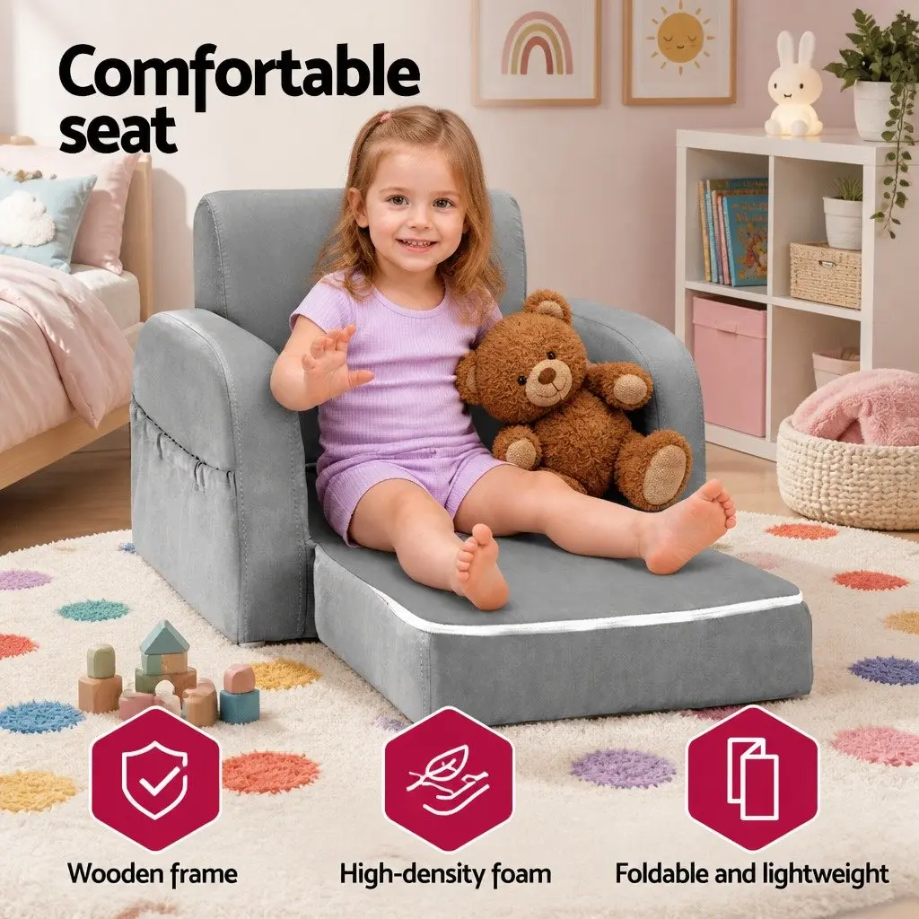 Kids Flip Open Sofa 1 Seater Lounger Armchair Grey Childrens Furniture for Relaxation and Play