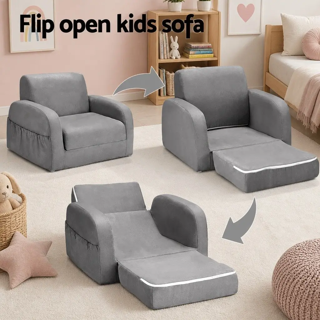Kids Flip Open Sofa 1 Seater Lounger Armchair Grey Childrens Furniture for Relaxation and Play