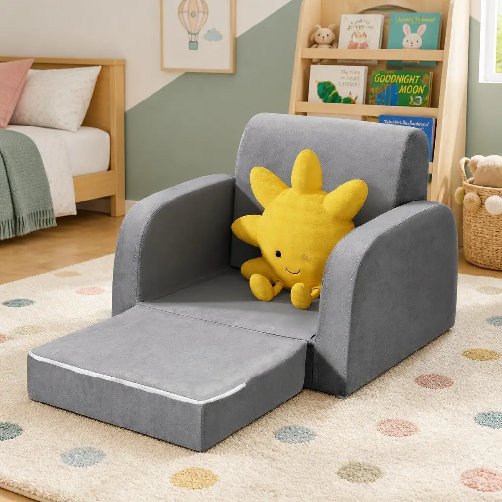 Kids Flip Open Sofa 1 Seater Lounger Armchair Grey Childrens Furniture for Relaxation and Play