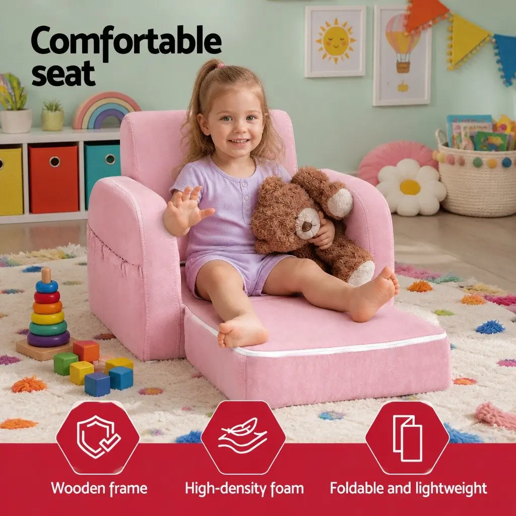 Kids Sofa 1 Seater Flip Open Couch Lounger Chair Pink Armchair Pretend Play