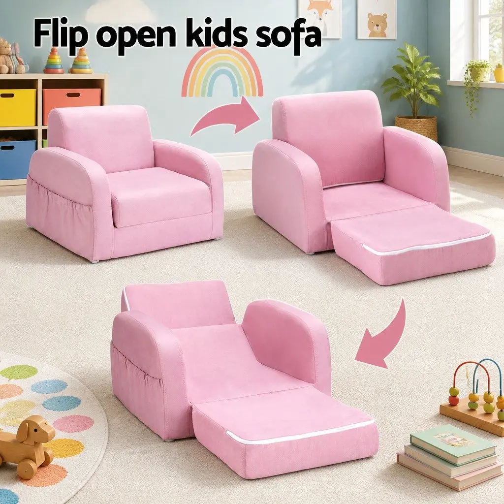 Kids Sofa 1 Seater Flip Open Couch Lounger Chair Pink Armchair Pretend Play