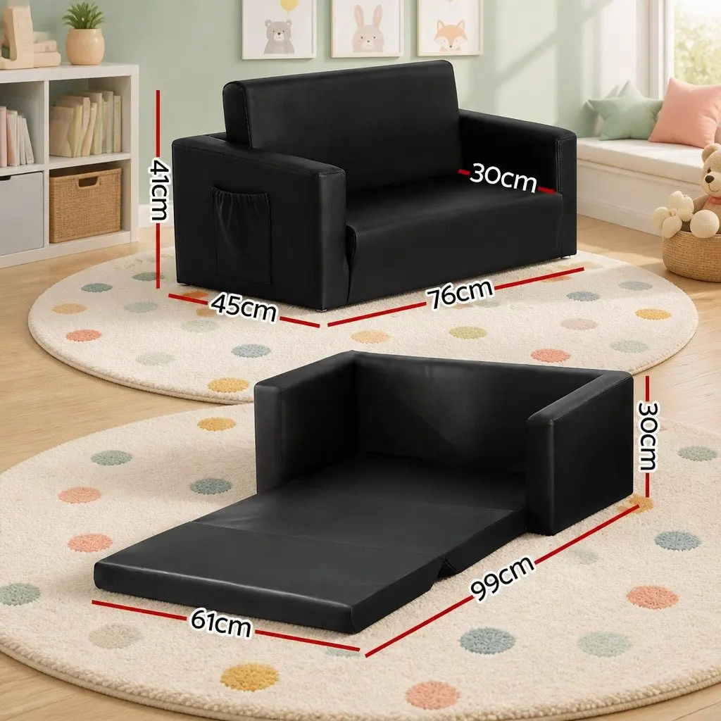 Kids Fold-Out Sofa 2 Seater Convertible Couch Armchair Lounge Chair Black