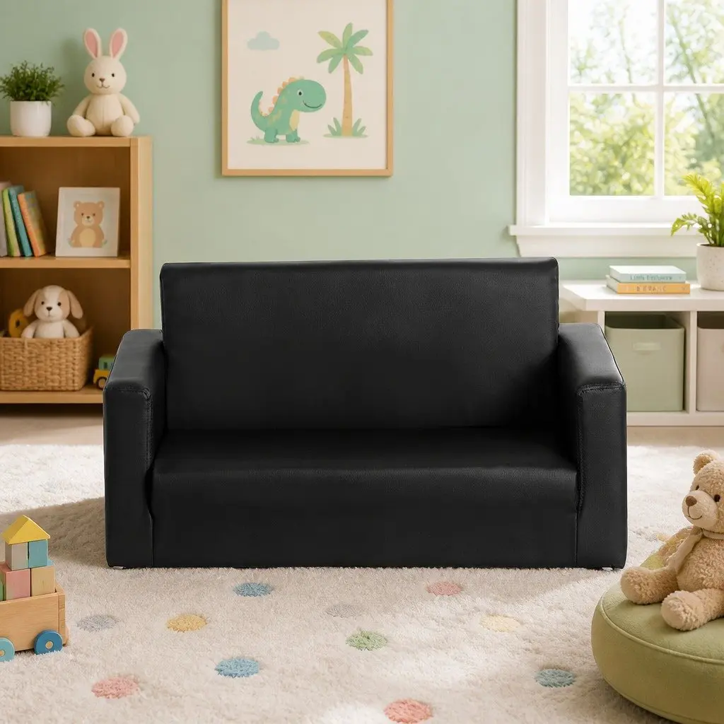 Kids Fold-Out Sofa 2 Seater Convertible Couch Armchair Lounge Chair Black