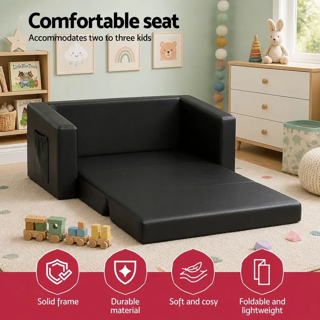 Kids Fold-Out Sofa 2 Seater Convertible Couch Armchair Lounge Chair Black