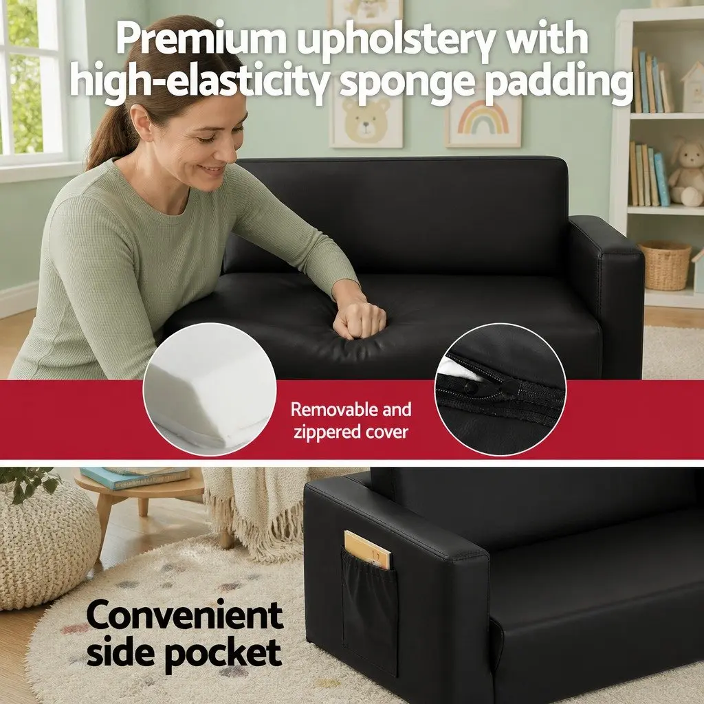 Kids Fold-Out Sofa 2 Seater Convertible Couch Armchair Lounge Chair Black