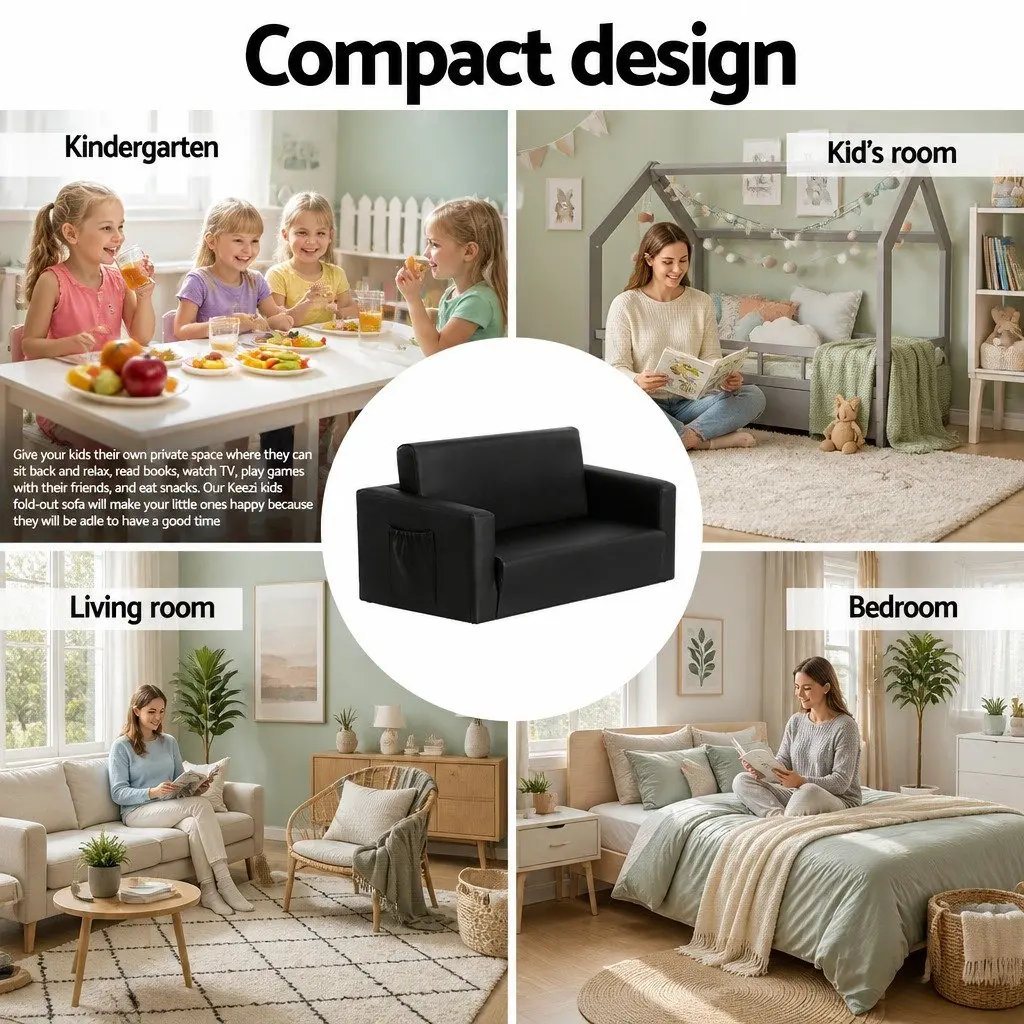 Kids Fold-Out Sofa 2 Seater Convertible Couch Armchair Lounge Chair Black