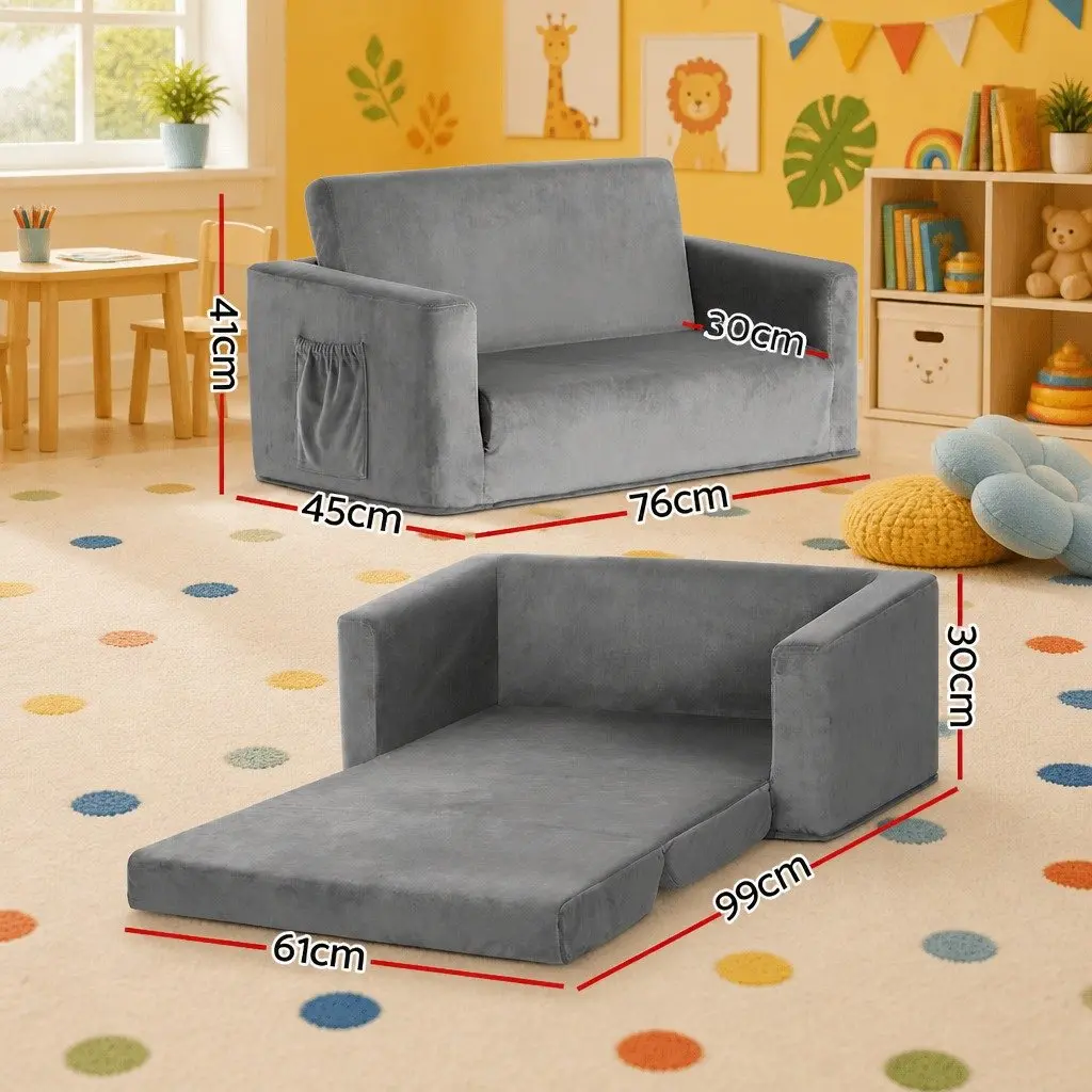 Kids 2 Seater Fold-Out Sofa Bed Convertible Couch Children Lounger Grey
