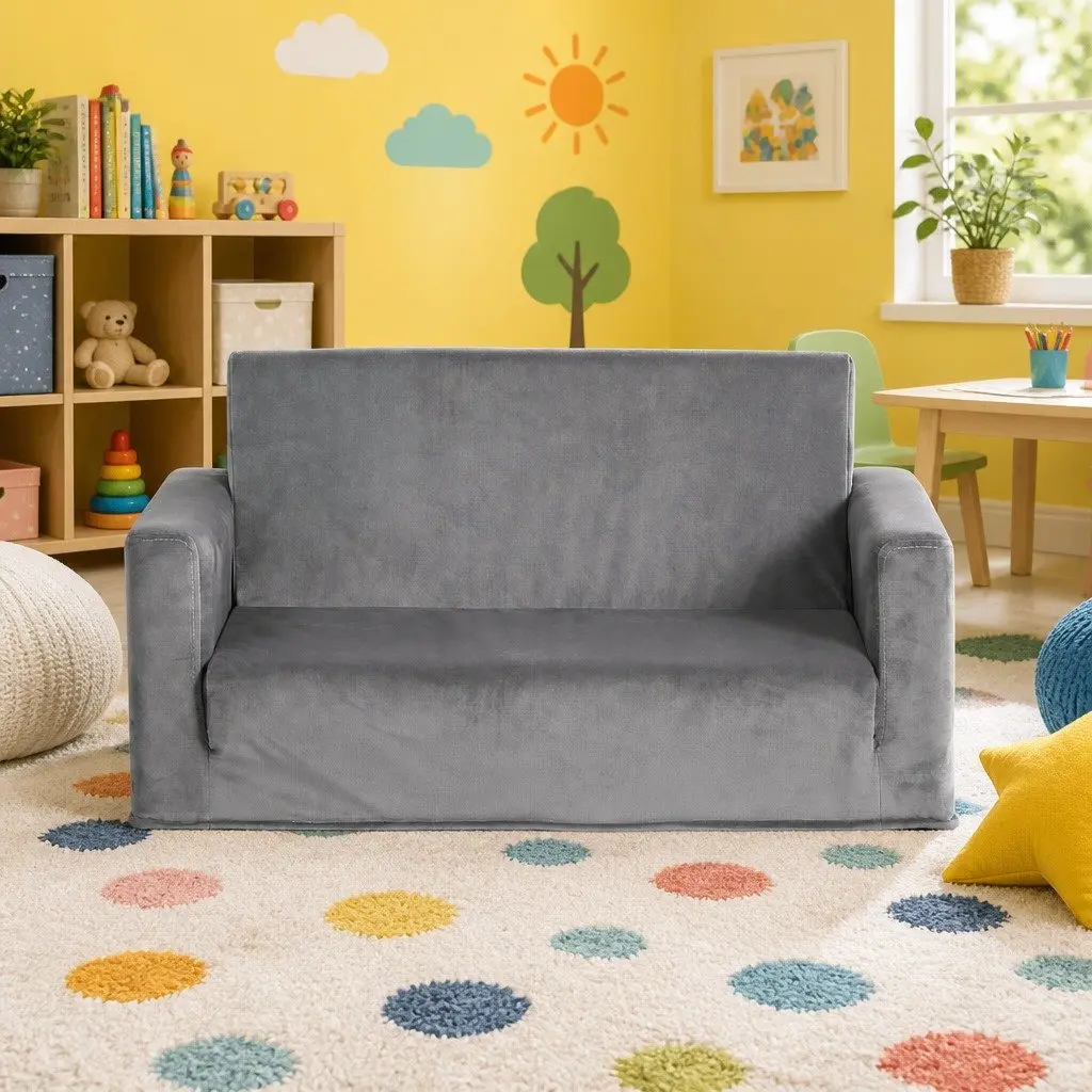 Kids 2 Seater Fold-Out Sofa Bed Convertible Couch Children Lounger Grey