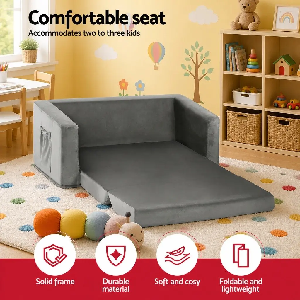 Kids 2 Seater Fold-Out Sofa Bed Convertible Couch Children Lounger Grey