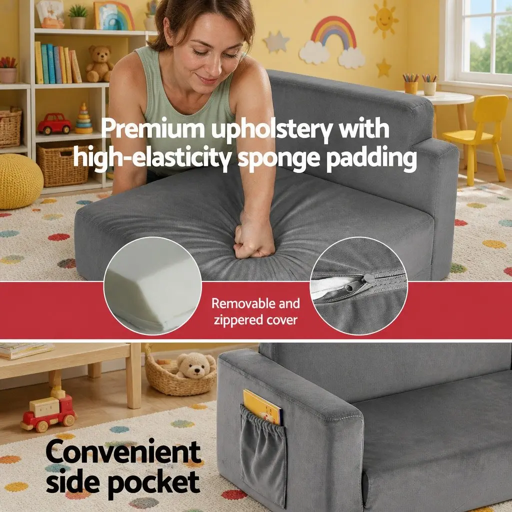Kids 2 Seater Fold-Out Sofa Bed Convertible Couch Children Lounger Grey