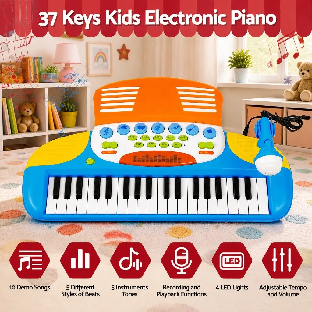 Kids Piano Keyboard Set for Use in Playroom 37 Keys with Stool