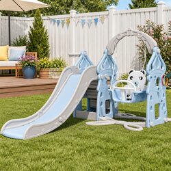 Kids 5-in-1 Slide Swing Set Basketball Hoop Ring Toss Game Outdoor Play