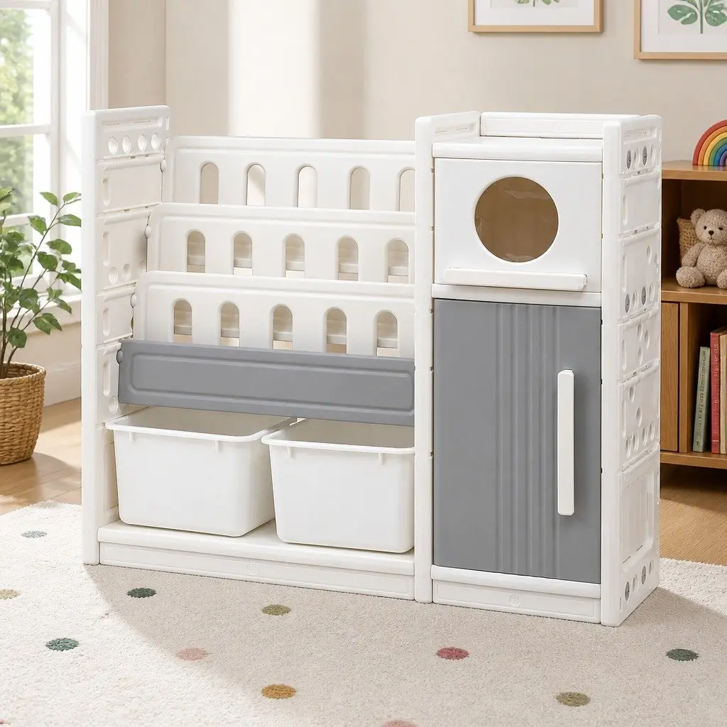 Kids Bookshelf with 3 Open Shelves and 2 Bins