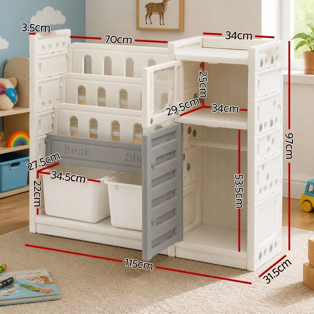 Kids Bookshelf Toy Storage Organizer for Bedroom Playroom Nursery 3-Tier Shelves Removable Bins Cabinet Doors