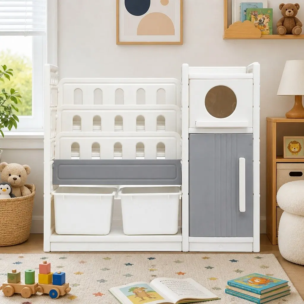 Kids Bookshelf Toy Storage Organizer for Bedroom Playroom Nursery 3-Tier Shelves Removable Bins Cabinet Doors