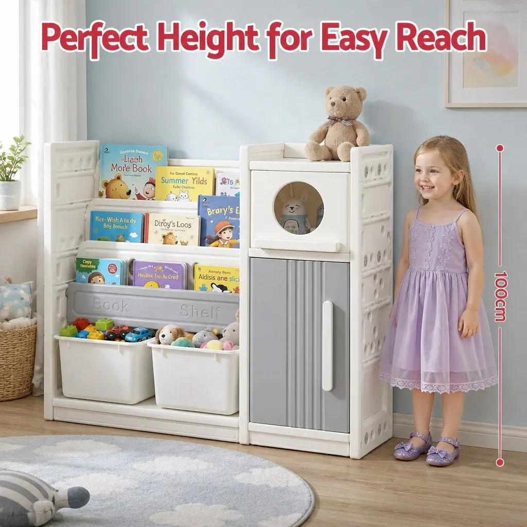 Kids Bookshelf Toy Storage Organizer for Bedroom Playroom Nursery 3-Tier Shelves Removable Bins Cabinet Doors