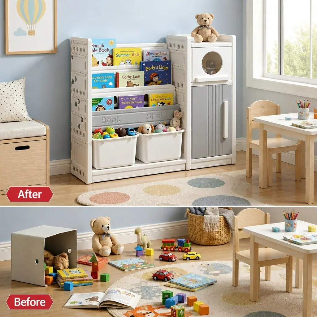 Kids Bookshelf Toy Storage Organizer for Bedroom Playroom Nursery 3-Tier Shelves Removable Bins Cabinet Doors