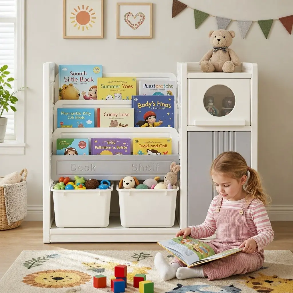 Kids Bookshelf Toy Storage Organizer for Bedroom Playroom Nursery 3-Tier Shelves Removable Bins Cabinet Doors
