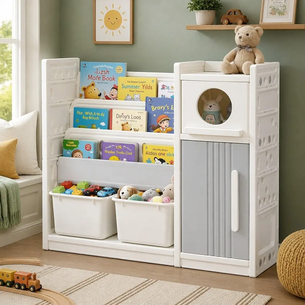Kids Bookshelf Toy Storage Organizer for Bedroom Playroom Nursery 3-Tier Shelves Removable Bins Cabinet Doors