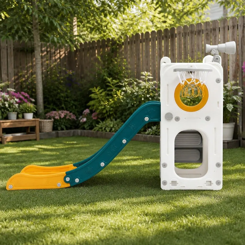 Kids Slide Set Outdoor Play Area with Basketball Hoop 130 cm Slide