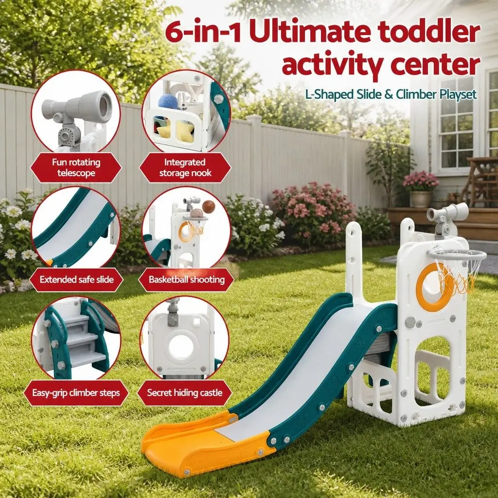 Kids Slide Set Outdoor Play Area with Basketball Hoop 130 cm Slide