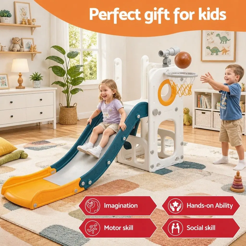 Kids Slide Set Outdoor Play Area with Basketball Hoop 130 cm Slide