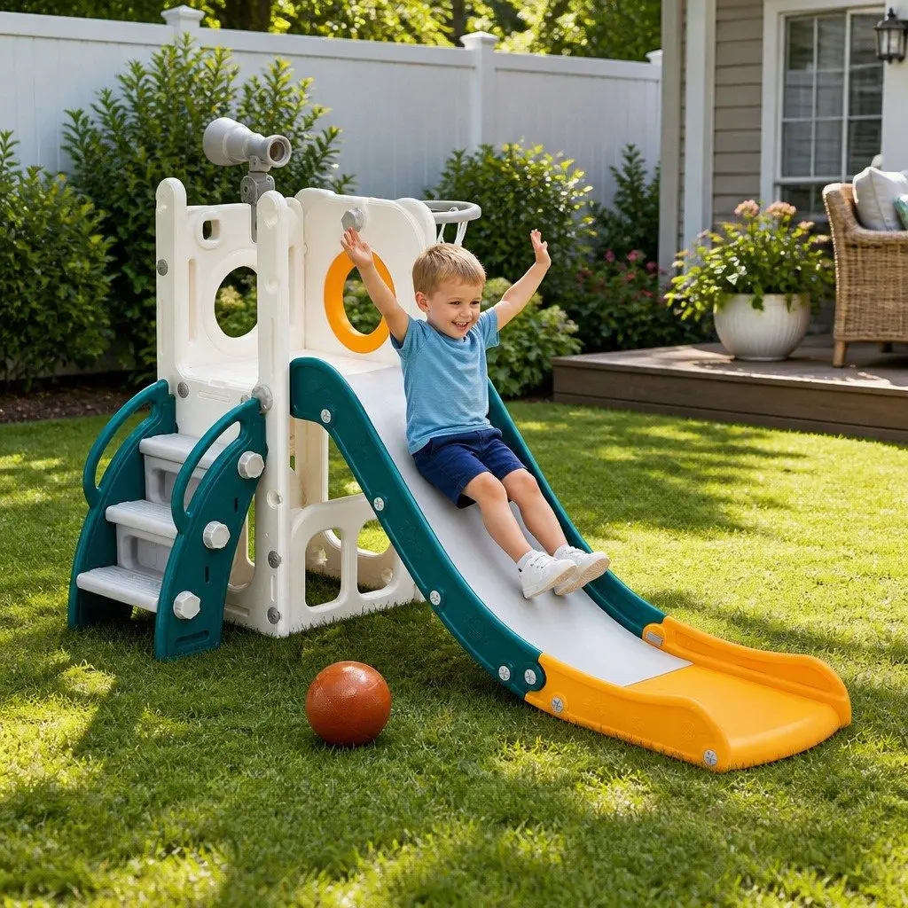 Kids Slide Set Outdoor Play Area with Basketball Hoop 130 cm Slide
