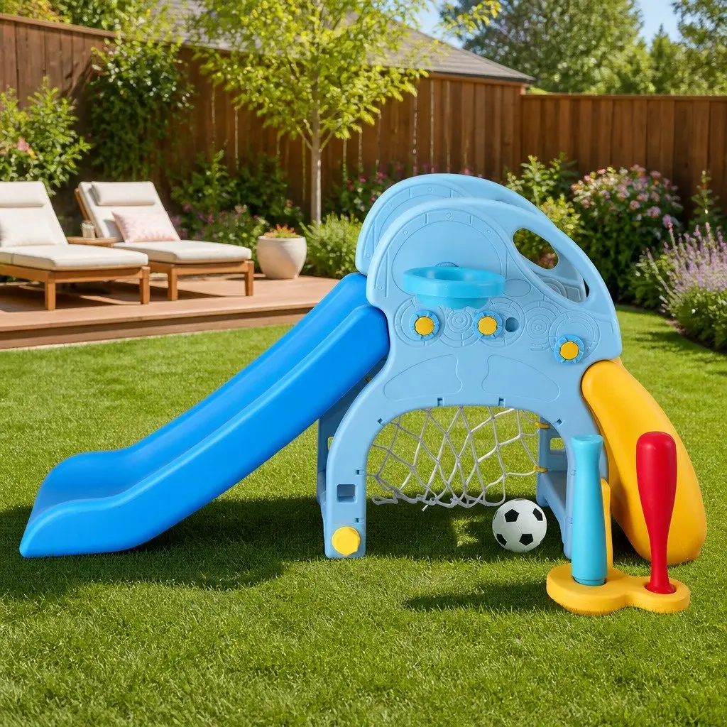 Kids Slide Set 5-in-1 Outdoor Playground Basketball Hoop Batting Game Rock