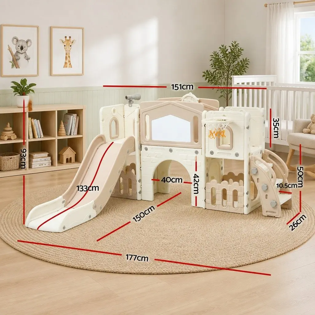 Kids Slide Set Toddler Indoor Playset Drawing Board Basketball Hoop Playhouse