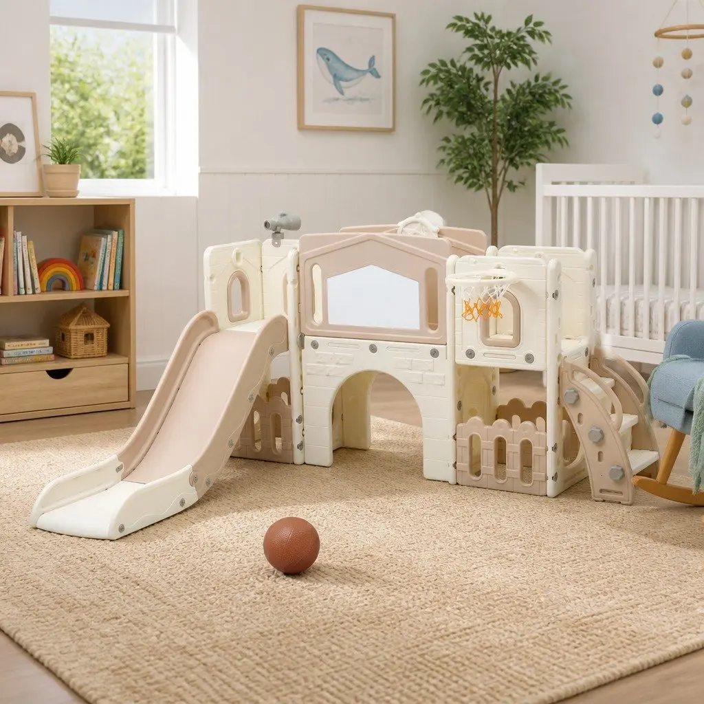 Kids Slide Set Toddler Indoor Playset Drawing Board Basketball Hoop Playhouse