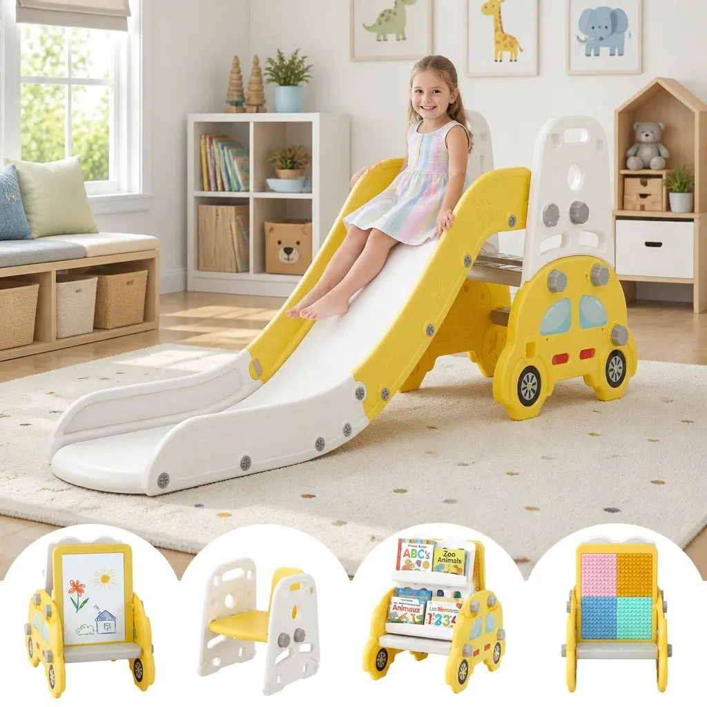 Indoor Playset 5-in-1 Kids Activity Center with Slide Drawing Board Chair Storage Yellow White