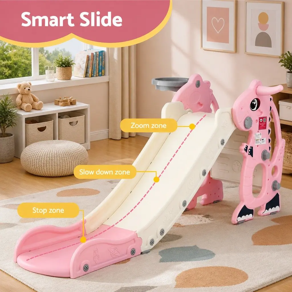 Kids Slide Set with Basketball Hoop Outdoor Playground Dragon Design 125cm Pink